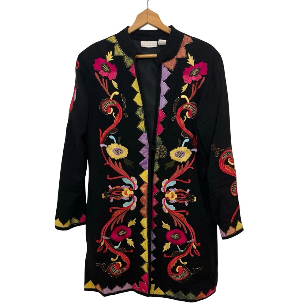 Vintage Soft Surroundings Black Duster Jacket with Colorful Floral Embroidery